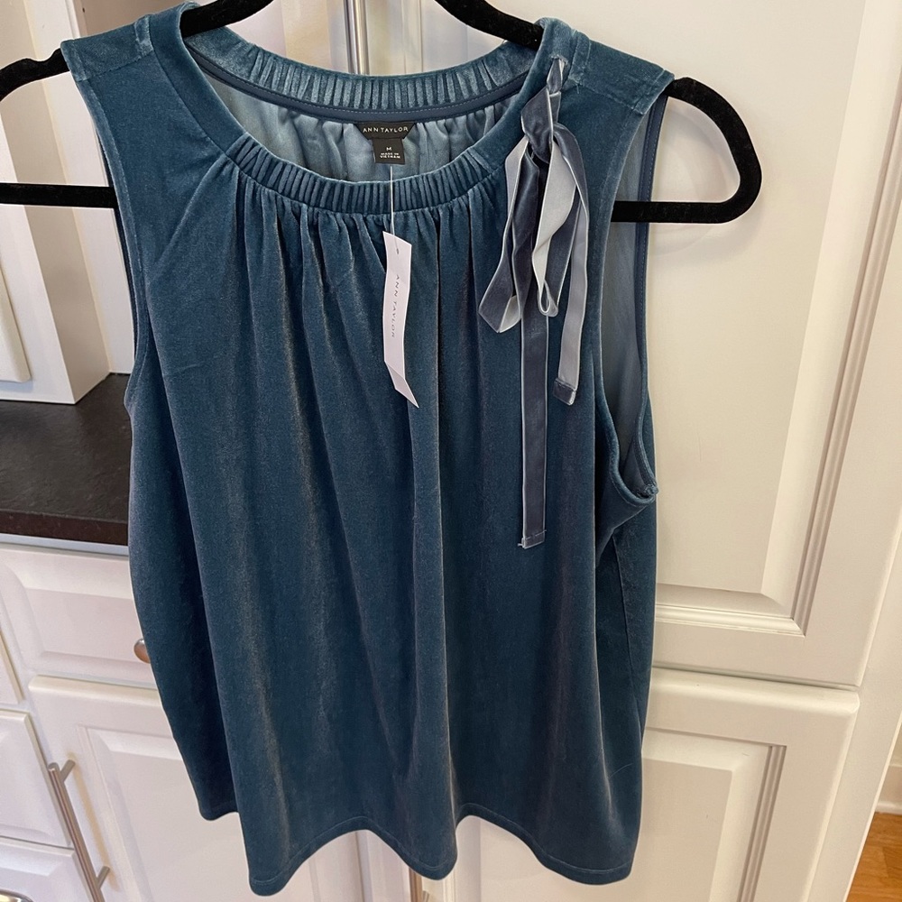 Ann Taylor sleeveless blue velvet top with bow